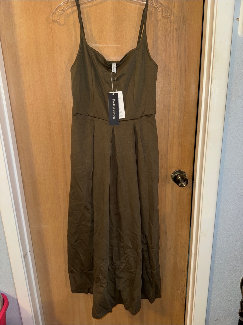 NWT PrettyGarden Olive Green Spaghetti Strap Midi Pleated Dress Pockets Medium